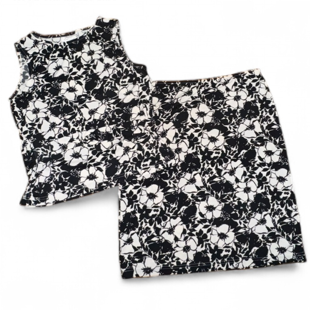 Giorgio Fiorlini Collection Vtg Black & White Floral Sleeveless Top Skirt Set